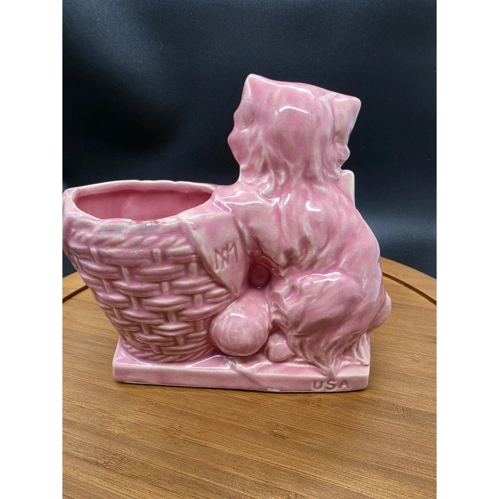 Vintage 1940s Nelson McCoy Pink Cat w/ Basket Planter Ceramic Succulent Planter